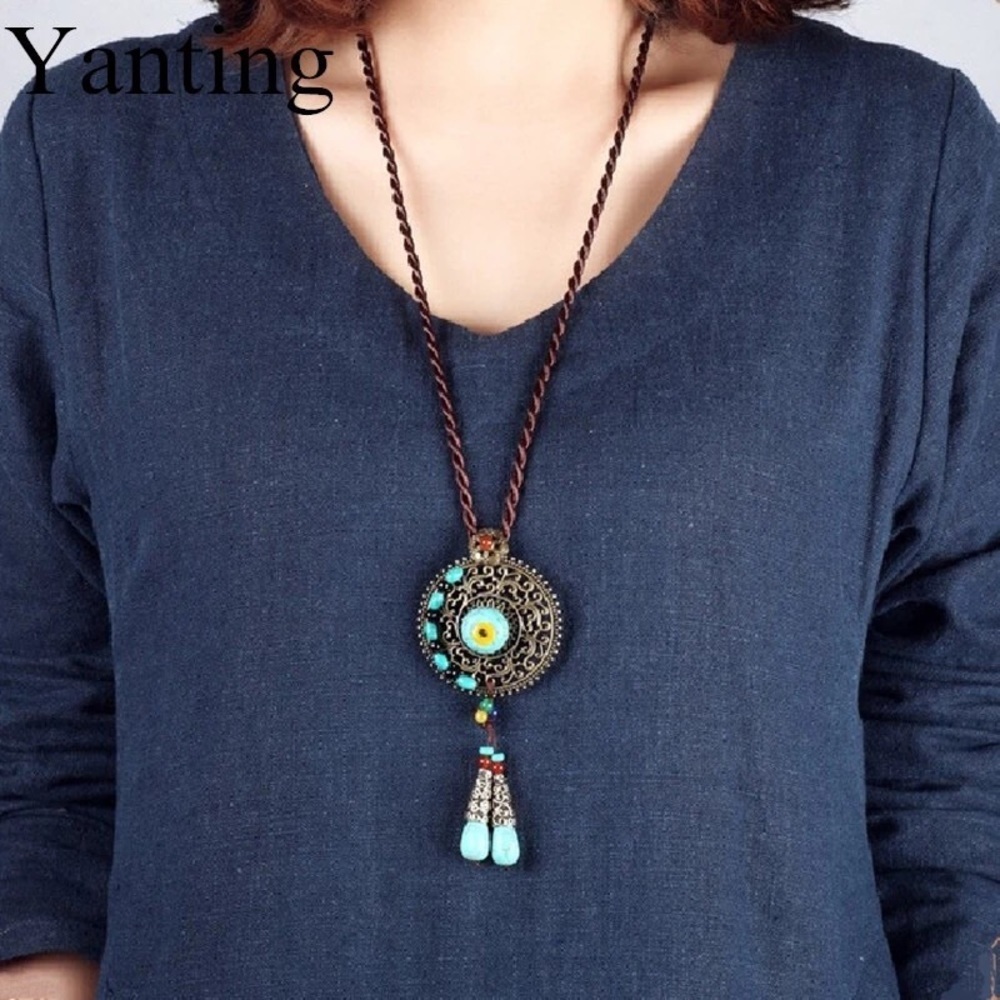 Set of Necklace and Earrings Bohemian Indian Braided Rope Dangle Blue Stone
